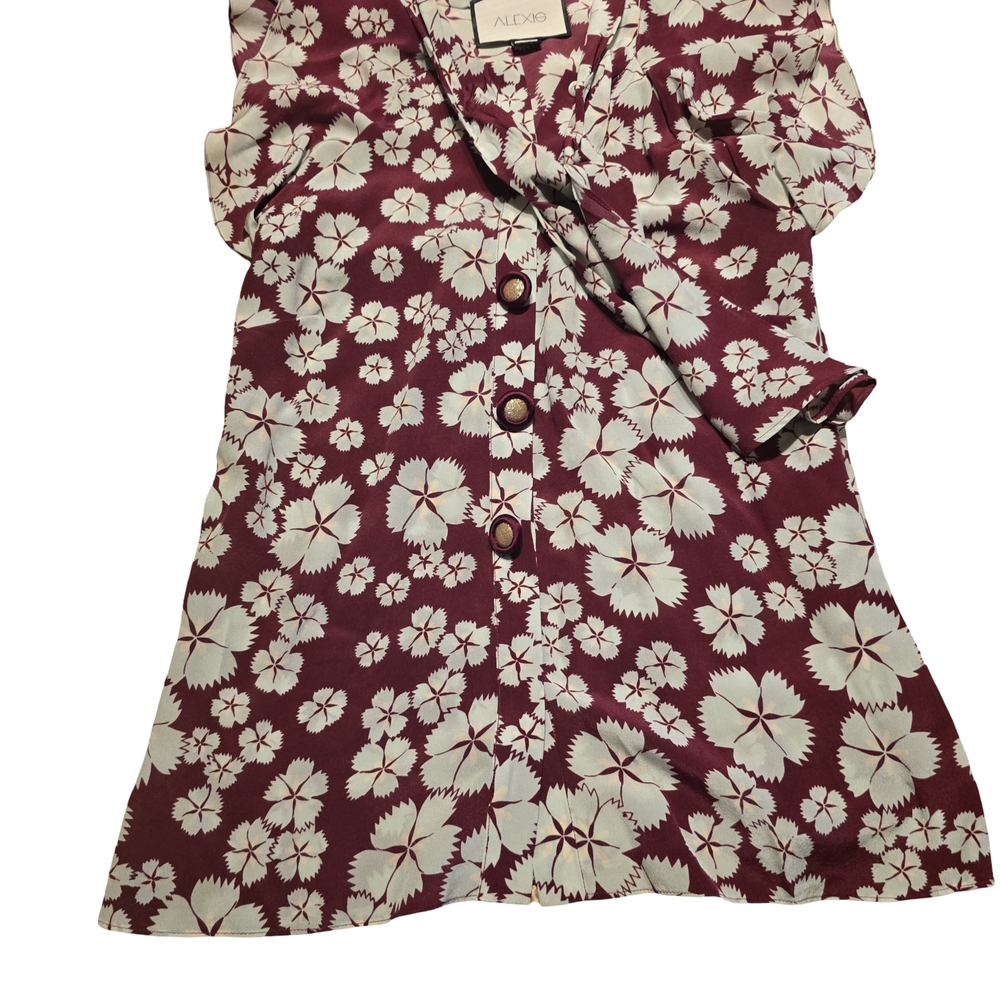 Box B Alexis Burgundy and White Floral Dress XS 100% Silk Quiet Luxury